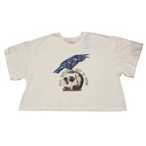 NWT Modern Lux Womens 3X White Halloween Raven Skull Graphic Cropped T-Shirt